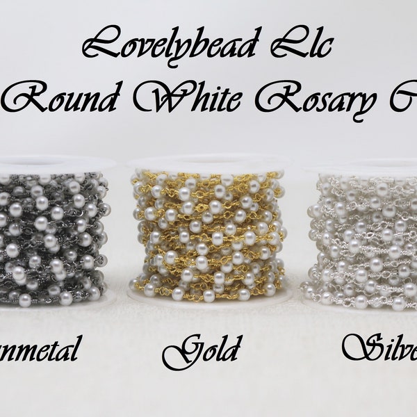4mm Round Wire Wrapped White Glass Pearl Rosary Chain  (16.4 foot per Roll)