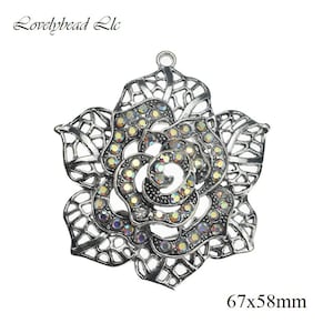 67x58mm Antique Silver Lead Free Pewter with Clear Ab Rhinestone Flower Pendant