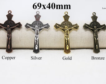 69x40mm Crucifix of Jesus with St Benedict Lead Free Pewter Cross Pendant(41351)
