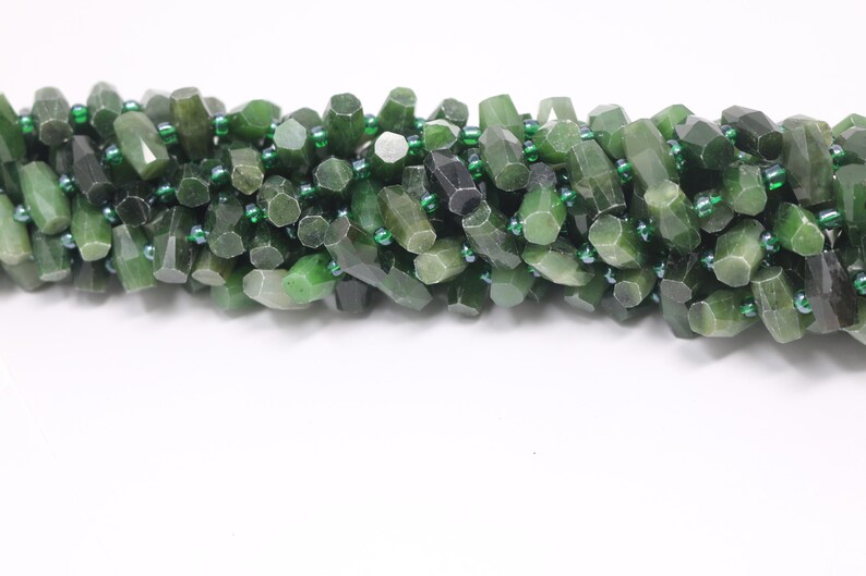 15.5 Inches Long 14x8mm Faceted Center Drilled Nephrite Cylinder Gemstone Bead Strand