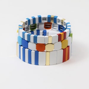 Large Tila Tile Stretchy Bracelet- Blue White Multi Stack- 7.5- Wholesale Pricing Enamel Tile Beads