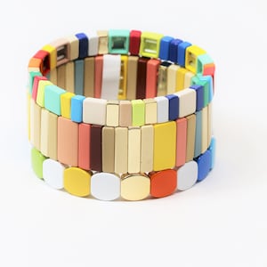 Large Tila Tile Stretchy Bracelet- Multicolor Stack- 7.5- Wholesale Pricing Enamel Tile Beads