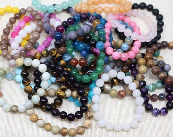 10mm Mix Random Color (10 Bracelets) Round Natural Genuine Gemstones Stretchy Bracelets, Birthstone Handmade Healing Power Beads