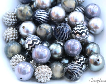20mm Round Gray Mix Bubblegum Beads, Chunky Bead Mix, Printed Beads, Girls Necklace Beads, DIY Beads (20 Beads)