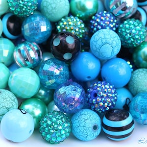 20mm Round Blue Mix Bubblegum Beads, Chunky Bead Mix, Printed Beads, Girls Necklace Beads, DIY Beads (20 Beads)