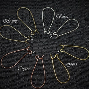 May include: Five earring hooks in different colors: bronze, silver, gold, and copper. The hooks are numbered 1 through 5.