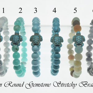 8mm Round Gemstone with Turtle Center Piece Stretchy Bracelet (7.5 Inches)