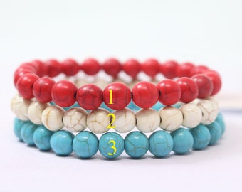 Red Natural Coral & Blue Magnesite Turquoise Stretch Bracelet 