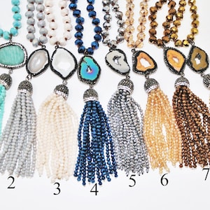 8x6mm Knotted  Crystal With Stone Centerpiece And  Tassel Pendant Necklaces (36 Inches long )