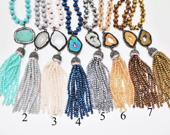 8x6mm Knotted  Crystal With Stone Centerpiece And  Tassel Pendant Necklaces (36 Inches long )