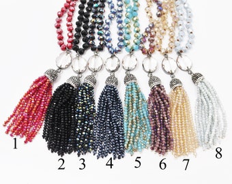 8x6mm Knotted Crystal Wrapped In Gunmetal Crystal Centerpiece And Tassel Pendant Necklaces (36 Inches long )