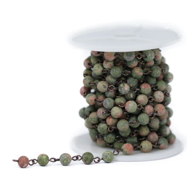 Lovely Bead 6mm Natural Matte Unakite Rosary Chain in Antique Copper and Bronze Wire (About 10 foot per Roll)