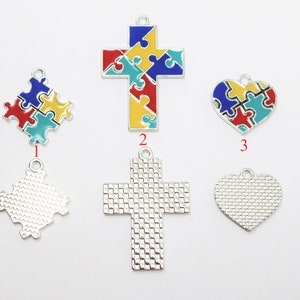Autism Awareness Puzzle Cross, Puzlle, and Heart Enamel Pendant Lead Free Pewter