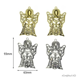 May include: Four angel ornaments, two gold and two silver, with clear rhinestone accents. The ornaments are 3.27 inches tall and 2.5 inches wide.