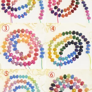 May include: Six strands of colorful gemstone beads, each strand is a different color gradient. The beads are faceted and have a smooth, polished finish. The strands are numbered 1 through 6.