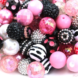 20mm Round Pink and Black Mix Bubblegum Beads, Chunky Bead Mix, Printed Beads, Girls Necklace Beads, DIY Beads (20 Beads)