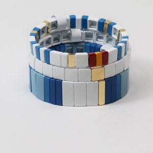 Large Tila Tile Stretchy Bracelet- Blue White Stack- 7.5- Wholesale Pricing Enamel Tile Beads