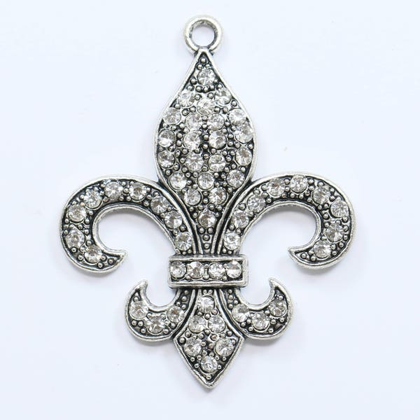 Lovely Bead Rhinestone Fleur de Lis Pendant in Antique Silver Lead Free Pewter (37x46mm) ( 2 pcs per package)