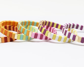 Large Tila Tile Stretchy Bracelet - Multicolor Stack- 7.5- Wholesale Pricing Enamel Tile Beads