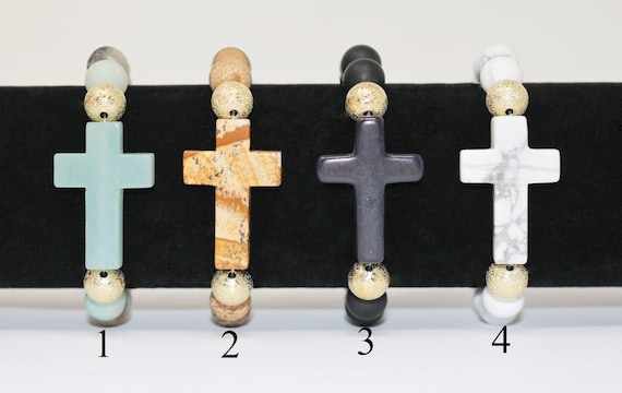 Bracciale All'Ingrosso Fatto a Mano con Perline da 8mm in Pietra Naturale Occhio di Tigre, Pietra Lavica, Howlite e Croce in Ematite per Uomo e Donna