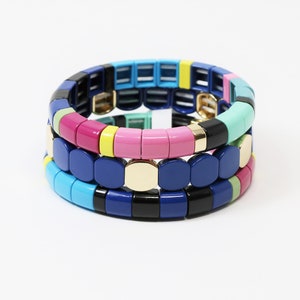 Large Tila Tile Stretchy Bracelet- Blue/Multicolor Stack- 7.5- Wholesale Pricing Enamel Tile Beads