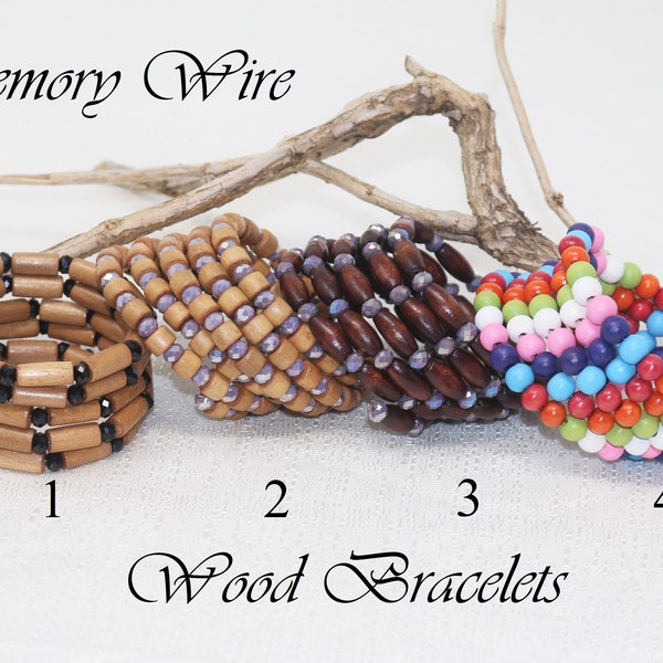 Memory Wire Beaded Wood Bracelet, Wood Memory Wire Wrap Bracelet