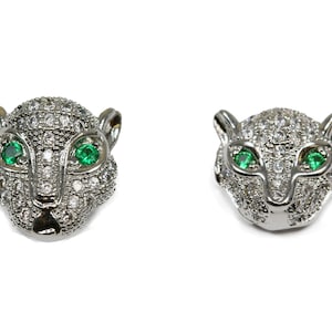 Clear Zircon Gemstones Pave Leopard Head Bracelet Connector Charm Beads Silver  (12x11mm, 11x10mm)