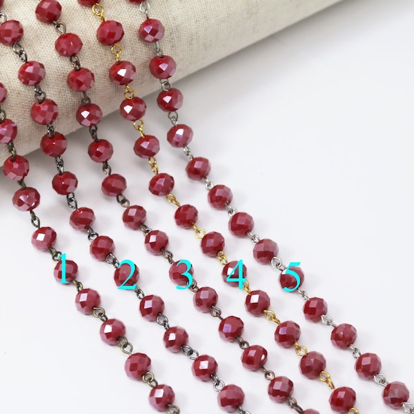 8x6mm Faceted Red Crystal Rondelle Rosary Chain (9.8 Foot per Roll)