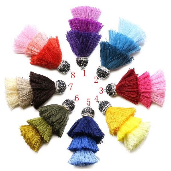 Lovely Bead Handmade Ombre Silk Tassels with Pave Rhinestone Cap - 75mm - Triple Color- High Quality - Nice and Silky (2 pcs Per Package )