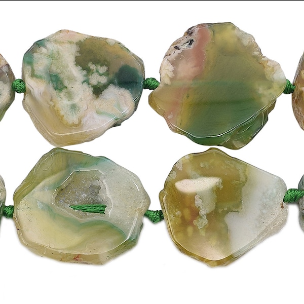 30-50mm Green Center Drilled Free Form Agate Slab Bead Strand (16 Inches Long)