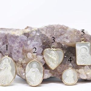 Mother of Pearl Our Lady of Guadalupe / Virgin Mary , Sacred Heart Bezeled with Gold Charms and Pendant