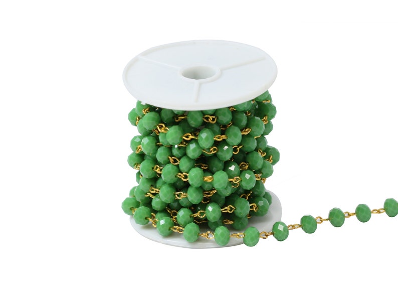 9.8 Foot per Roll 8x6mm Green Crystal Rondelle Rosary Chain in Gold Wire