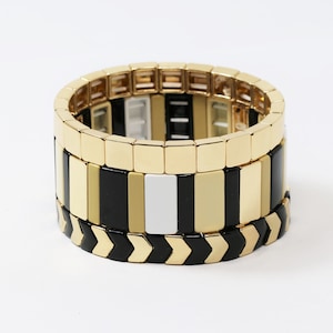 Large Tila Tile Stretchy Bracelet-Black Gold Stack- 7.5- Wholesale Pricing Enamel Tile Beads