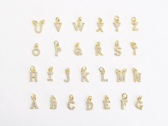 Small Gold Alphabet Letter Charms With CZ Rhinestones 8-9mm 