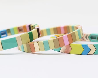 Grote Tila Tegel Stretchy Armband - Multicolor Stack- 7.5- Groothandel Prijzen Emaille Tegel Kralen