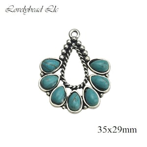 35x29mm Antique Silver Green Howlite Turquoise Lead Free Pewter Tibetan Western Boho Style Earring Finding (2 Pieces per Order)