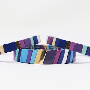 8mm Large Tila Tile Stretchy Bracelet- Purple Stack- 7.5- Wholesale Pricing Enamel Tile Beads