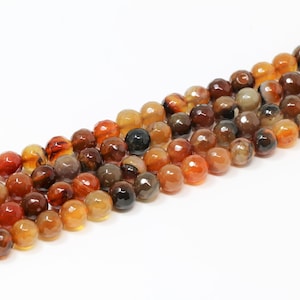10mm Round Faceted Black/Red/Orange Agate Gemstone Beads (15.5 Inches Long Strand)