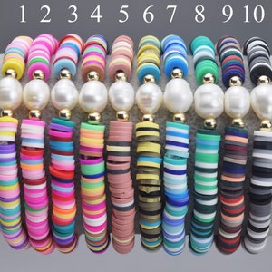 6mm BEAUTIFUL Soft AFRICAN Colored VINYL Heishi Beads Clay Disc with Fresh Water Pearl Bracelets (7.5 Inches)