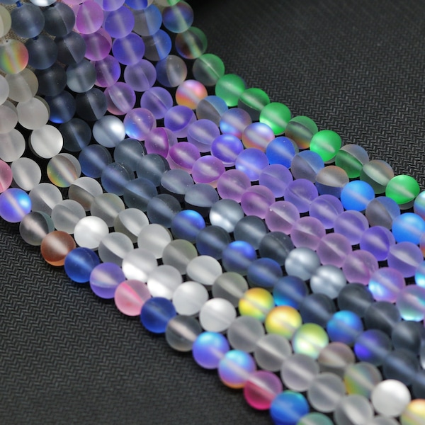 Round A+ Matte Mystic Aura Quartz Gemstone Beads, Mermaid Bead Strand, Spectrolite Beads,  Holographic Beads, Matte Beads (15.5 Inches Long)