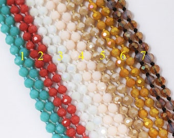 6mm Faceted Round Crystal Handmade Double Knotted Necklaces 60 Inches Long