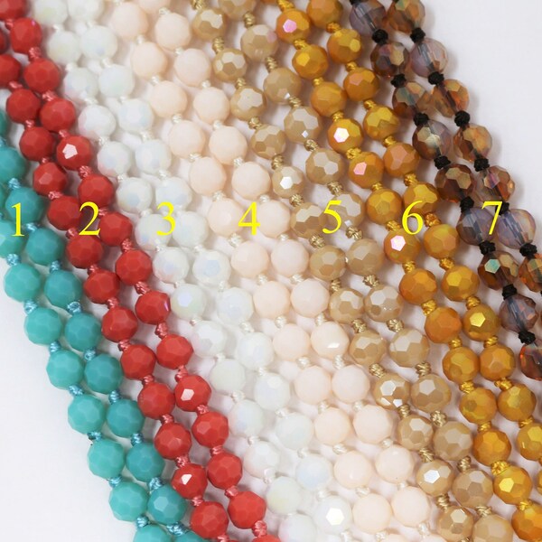6mm Faceted Round Crystal Handmade Double Knotted Necklaces 60 Inches Long