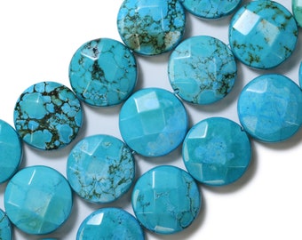 25mm High Quality Faceted Blue Turquoise Coin Bead Strand, Flat Coin (16 Inches Long)