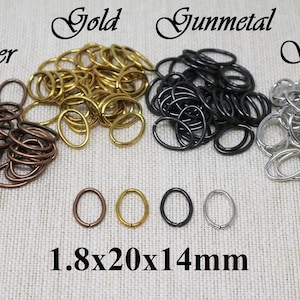 May include: A close-up of 1.8x20x14mm oval jump rings in four colours: copper, gold, gunmetal, and silver. The rings are arranged in four piles, with a single ring of each colour displayed below.