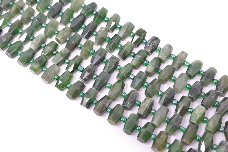 15.5 Inches Long 14x8mm Faceted Center Drilled Nephrite Cylinder Gemstone Bead Strand