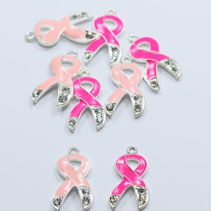 Lovely Bead Breast Cancer Awareness Ribbon Charm with Rhinestone (29mm) (10 pcs per Package)