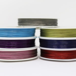 Może przedstawiać: Sześć szpul nici w różnych kolorach: szary, niebieski, fioletowy, różowy, granatowy i czerwony. Szpule są ułożone jedna na drugiej.