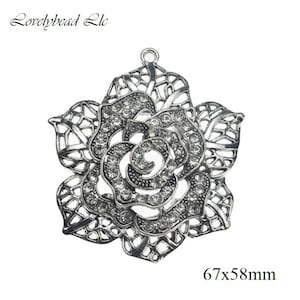 67x58mm Antique Silver Lead Free Pewter with Clear Rhinestone Flower Pendant