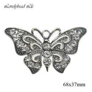 68x37mm Antique Silver Lead Free Pewter with Clear Rhinestone Butterfly Pendant