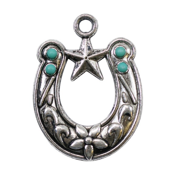 Lovely Bead Antique Silver 36x27mm Green Howlite Turquoise Lead Free Pewter Horse Shoe Pendant